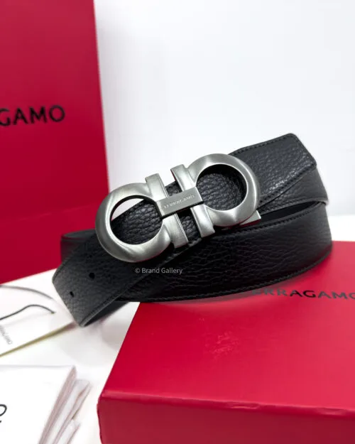 Ferragamo Gancini Buckle Black Reversible Leather Belt