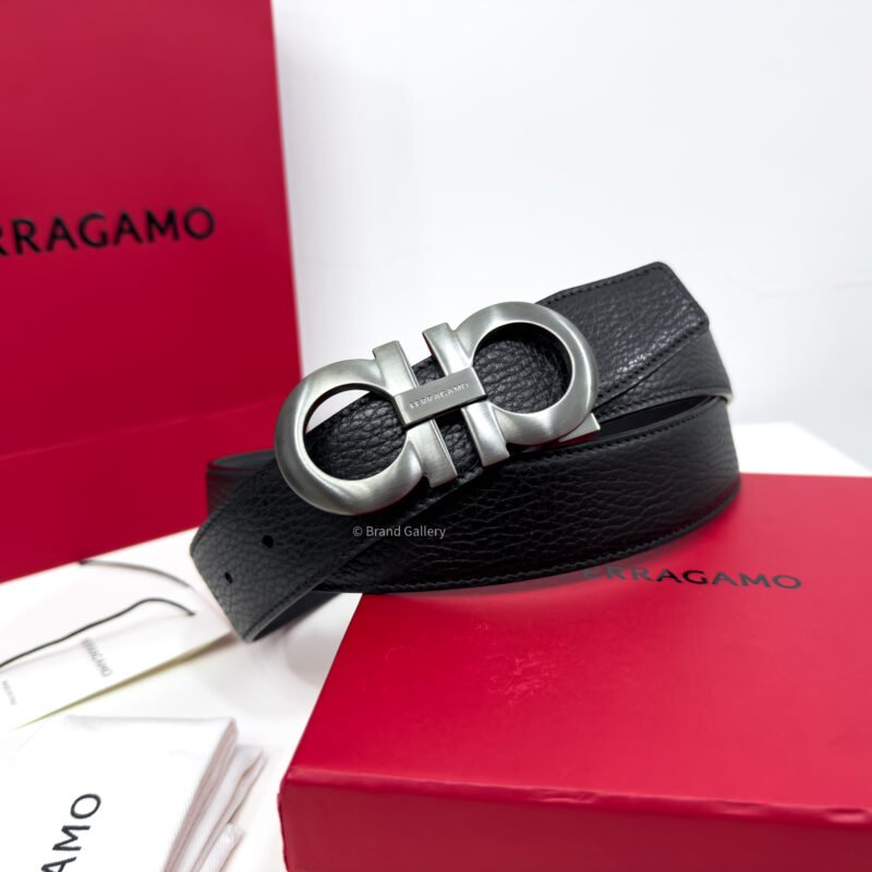 Ferragamo Gancini Buckle Black Reversible Leather Belt