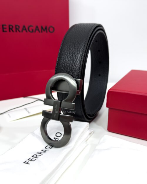 Ferragamo Gancini Buckle Black Reversible Leather Belt