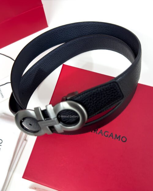 Ferragamo Gancini Buckle Black Reversible Leather Belt