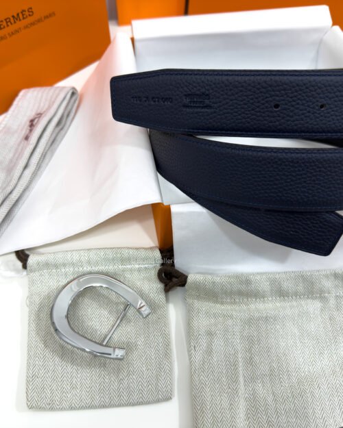 Hermes Horseshoe Silver Buckle Black/Blue Reversible Belt