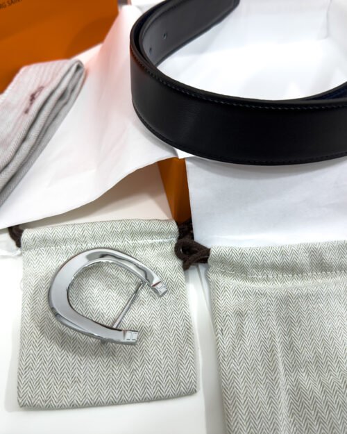 Hermes Horseshoe Silver Buckle Black/Blue Reversible Belt