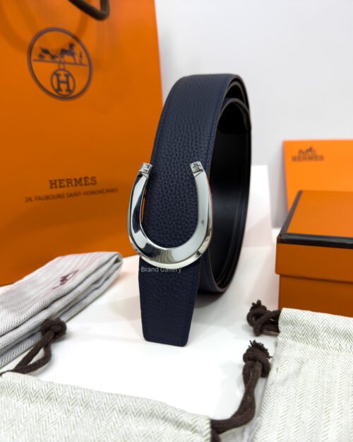 Hermes Horseshoe Silver Buckle Black/Blue Reversible Belt