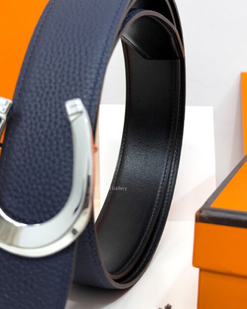 Hermes Horseshoe Silver Buckle Black/Blue Reversible Belt
