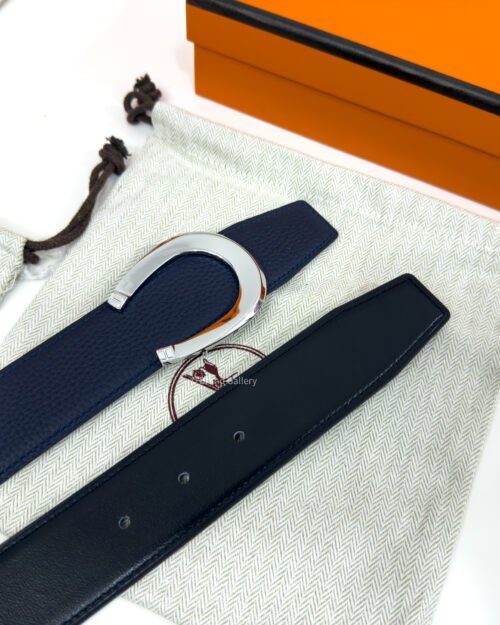 Hermes Horseshoe Silver Buckle Black/Blue Reversible Belt