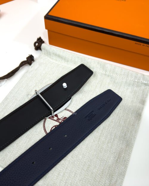 Hermes Horseshoe Silver Buckle Black/Blue Reversible Belt