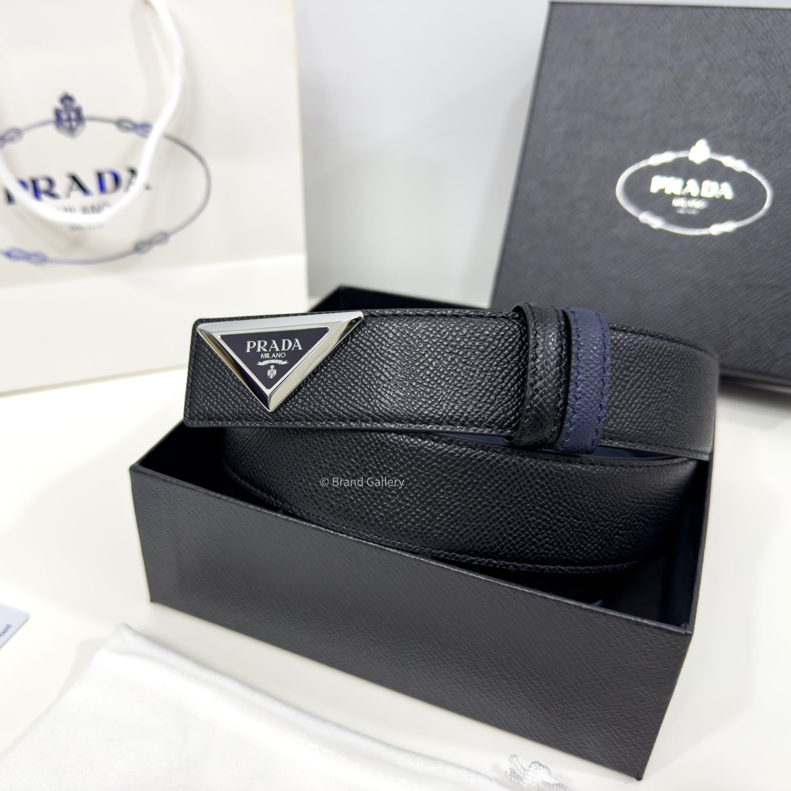 Prada Black/Blue 35mm Reversible Leather Belt