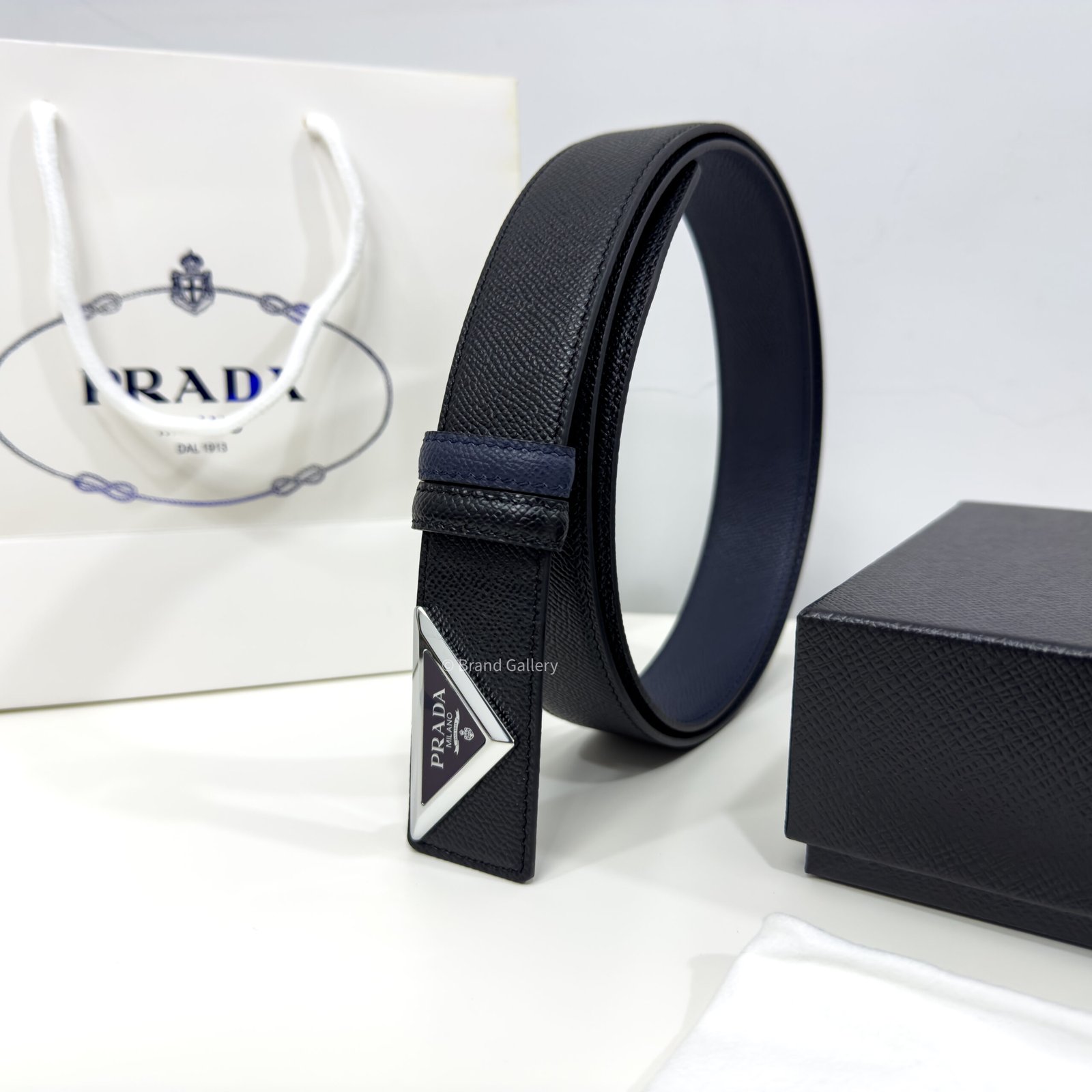 Prada Black/Blue 35mm Reversible Leather Belt