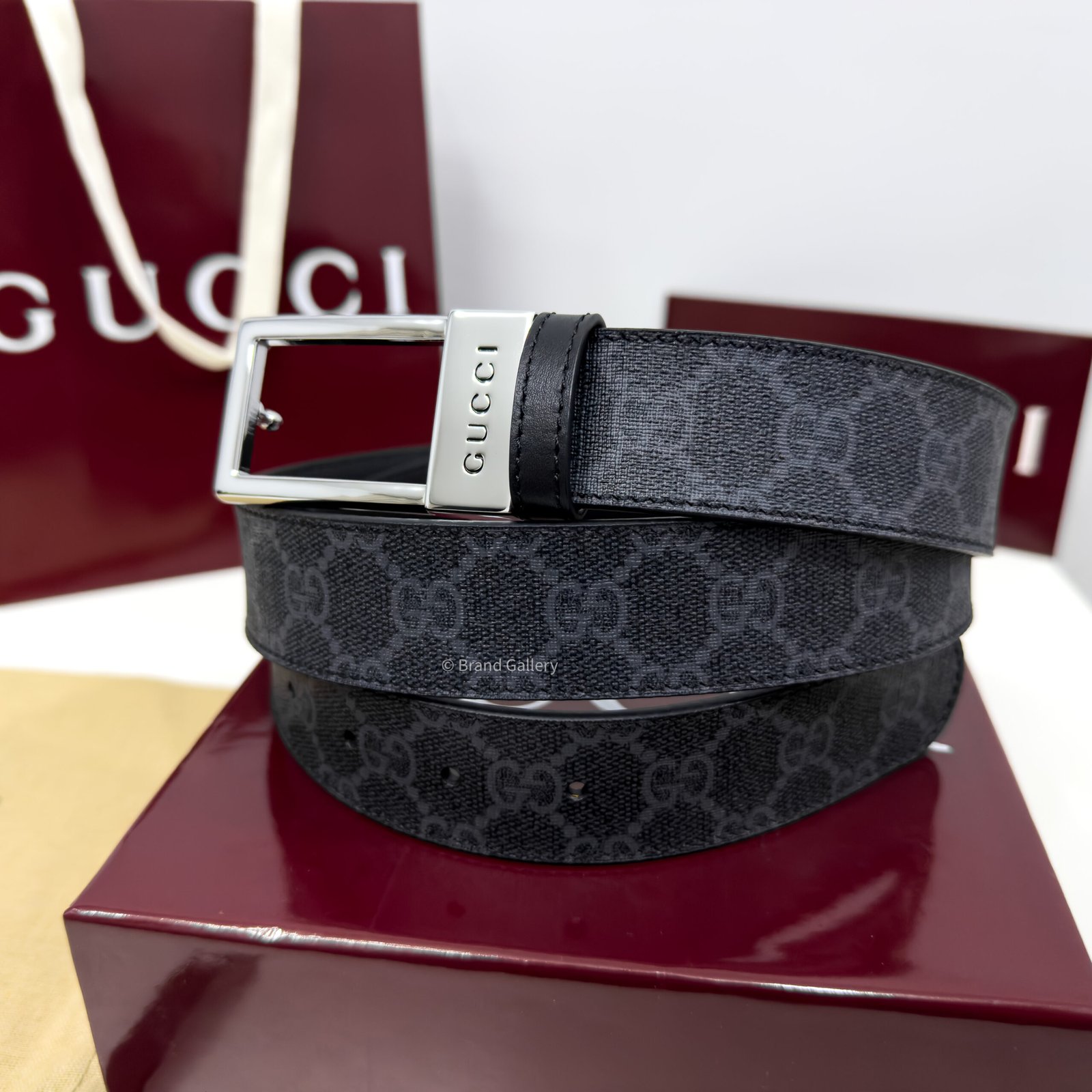 Gucci Rectangular Buckle Blue-Grey 35mm Leather Belt