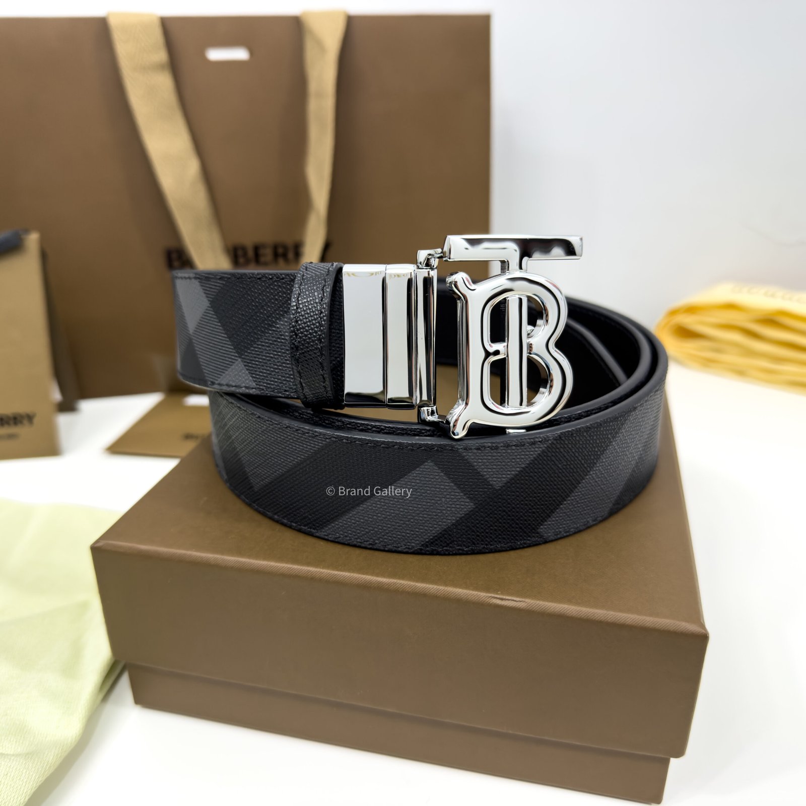 Burberry Grey Check/Black 35mm Reversible Belt