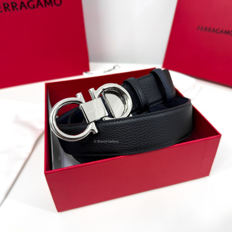 Ferragamo Thin Gancini Black/Blue Reversible Leather Belt