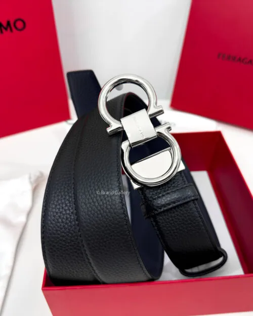 Ferragamo Thin Gancini Black/Blue Reversible Leather Belt
