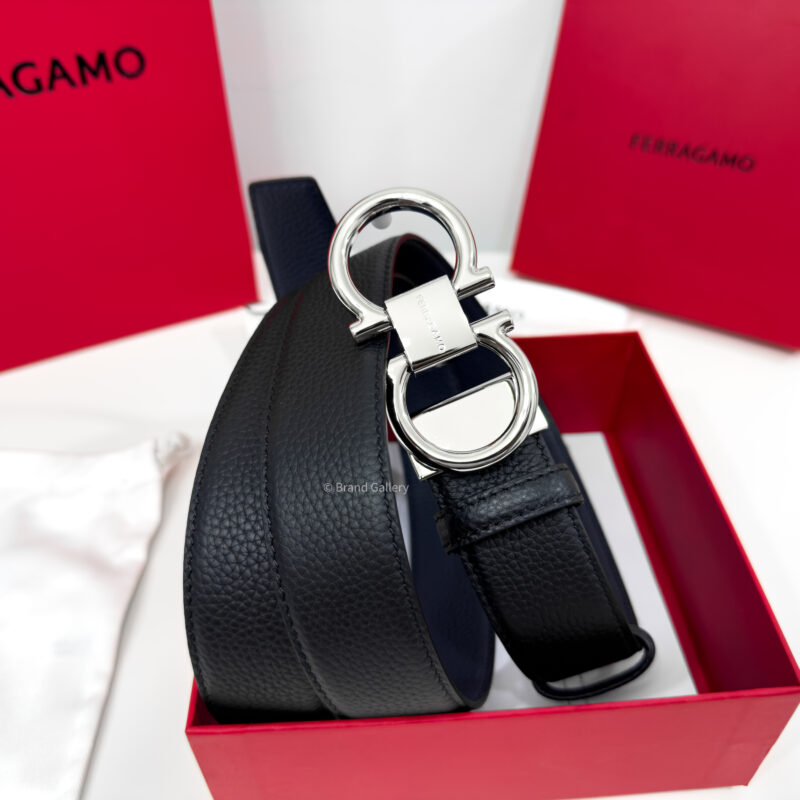 Ferragamo Thin Gancini Black/Blue Reversible Leather Belt
