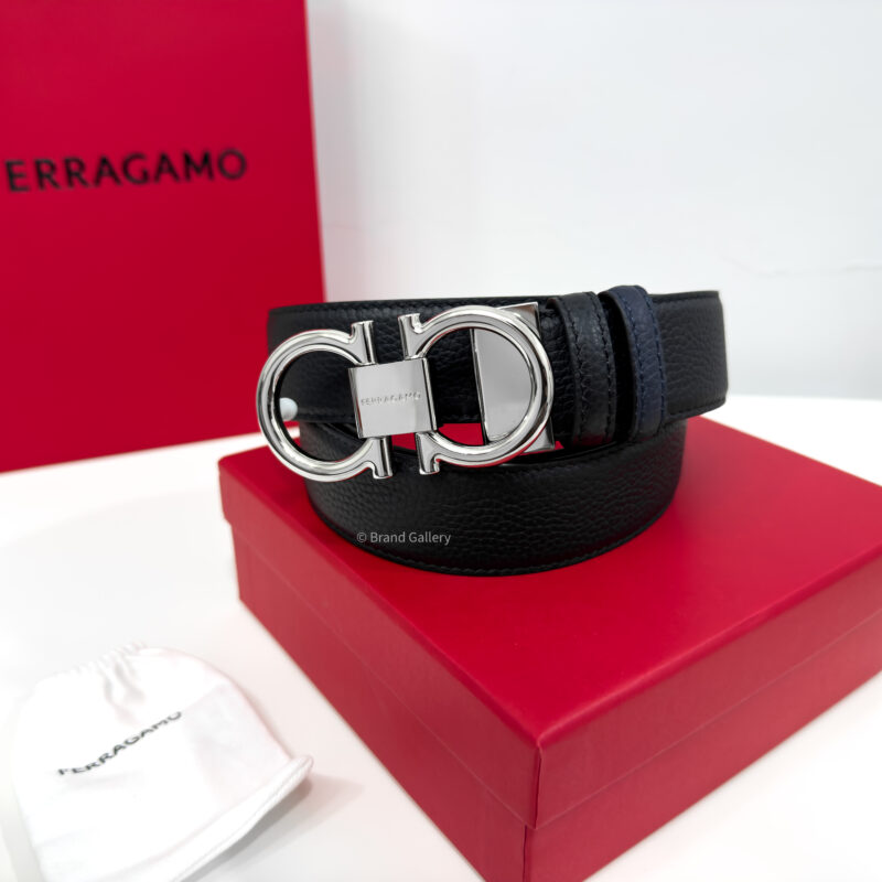 Ferragamo Thin Gancini Black/Blue Reversible Leather Belt