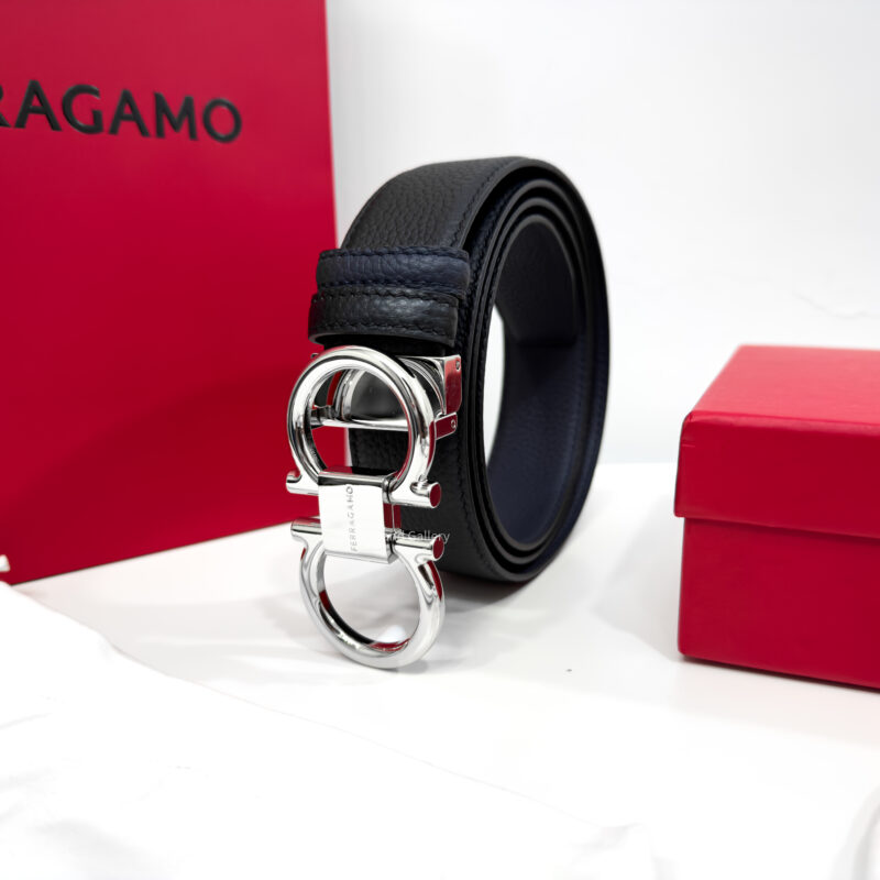 Ferragamo Thin Gancini Black/Blue Reversible Leather Belt