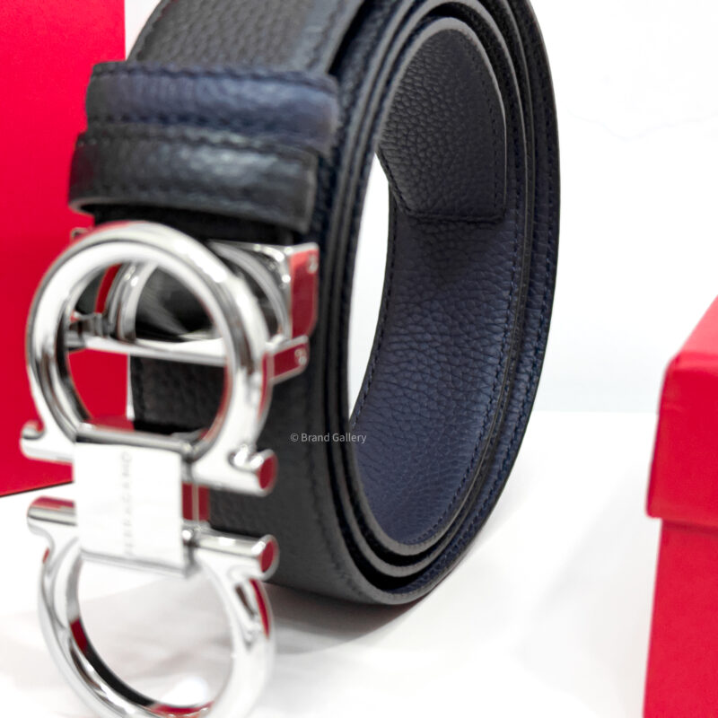 Ferragamo Thin Gancini Black/Blue Reversible Leather Belt