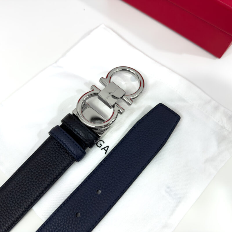Ferragamo Thin Gancini Black/Blue Reversible Leather Belt