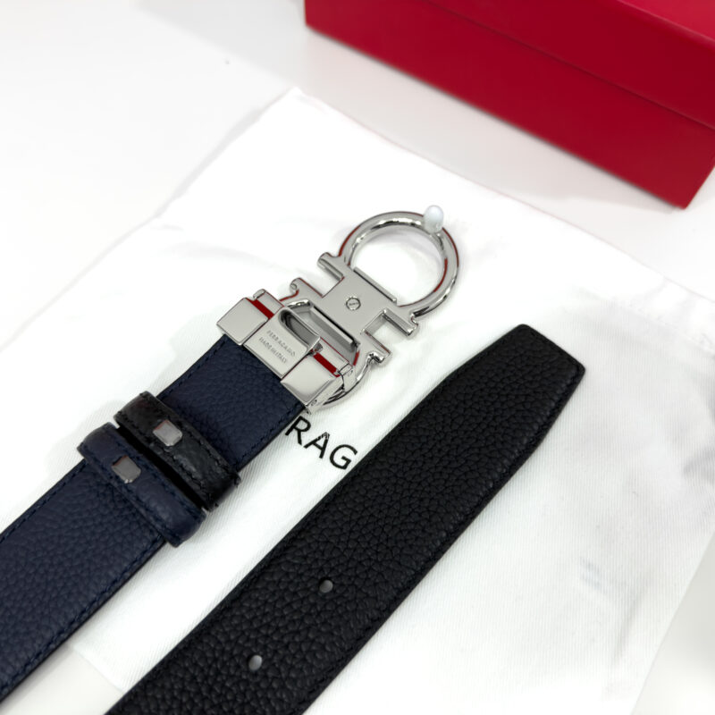 Ferragamo Thin Gancini Black/Blue Reversible Leather Belt