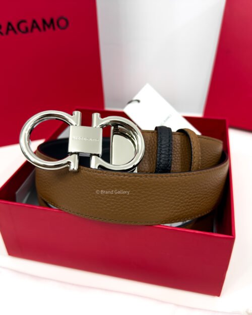 Ferragamo Thin Gancini Havan/Black Reversible Leather Belt