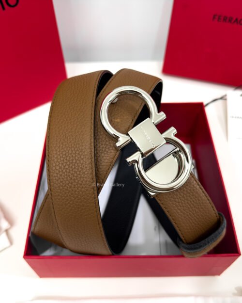 Ferragamo Thin Gancini Havan/Black Reversible Leather Belt