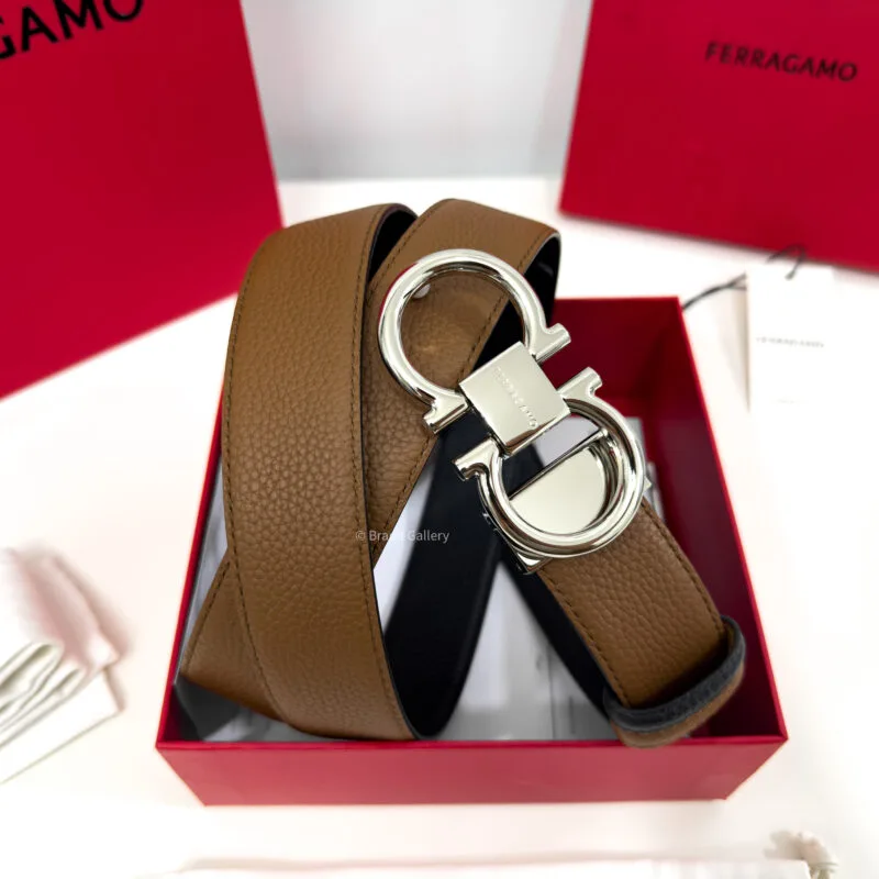 Ferragamo Thin Gancini Havan/Black Reversible Leather Belt