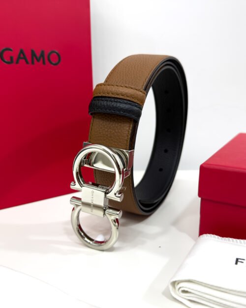 Ferragamo Thin Gancini Havan/Black Reversible Leather Belt