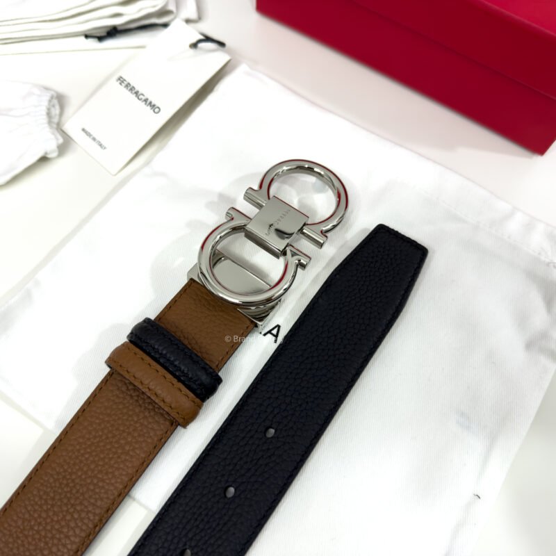 Ferragamo Thin Gancini Havan/Black Reversible Leather Belt
