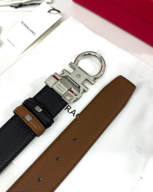 Ferragamo Thin Gancini Havan/Black Reversible Leather Belt