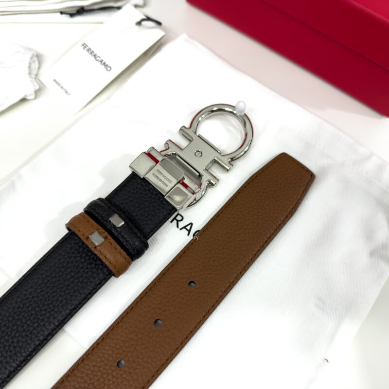 Ferragamo Thin Gancini Havan/Black Reversible Leather Belt