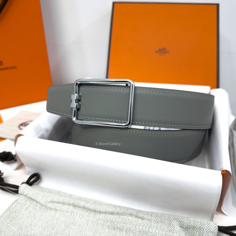 Hermes Tube H Buckle Light Grey/Black Reversible Belt