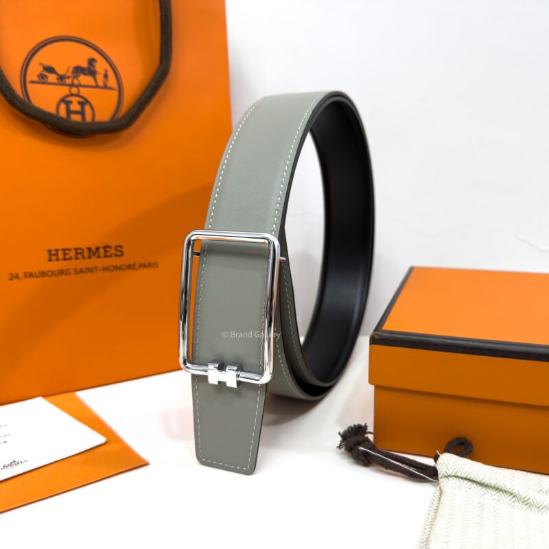 Hermes Tube H Buckle Light Grey/Black Reversible Belt