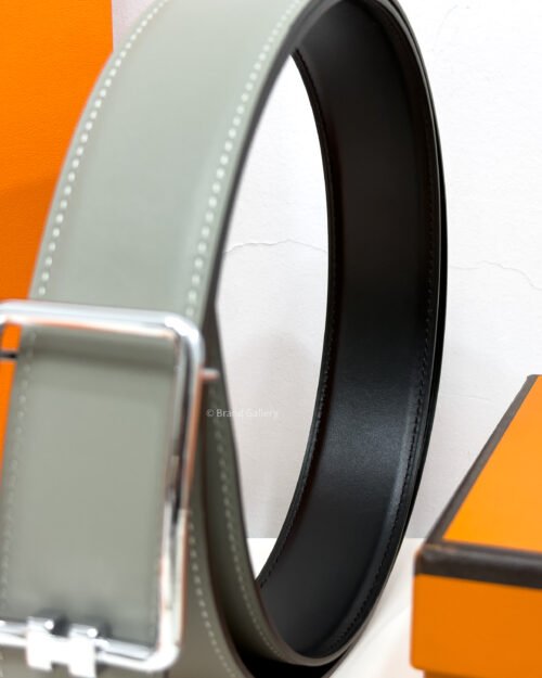 Hermes Tube H Buckle Light Grey/Black Reversible Belt