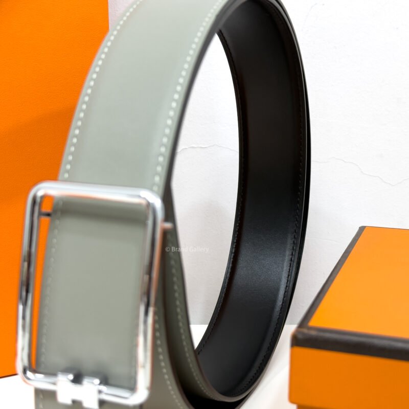 Hermes Tube H Buckle Light Grey/Black Reversible Belt