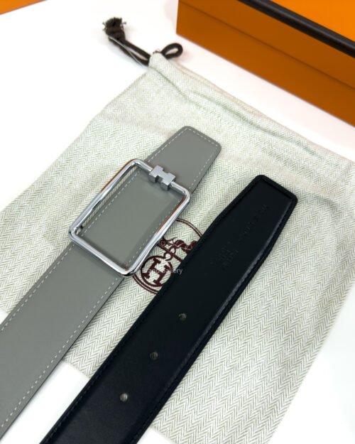 Hermes Tube H Buckle Light Grey/Black Reversible Belt