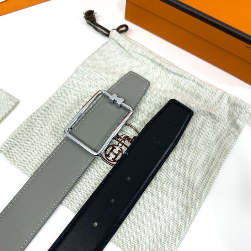 Hermes Tube H Buckle Light Grey/Black Reversible Belt