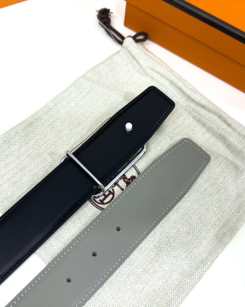 Hermes Tube H Buckle Light Grey/Black Reversible Belt