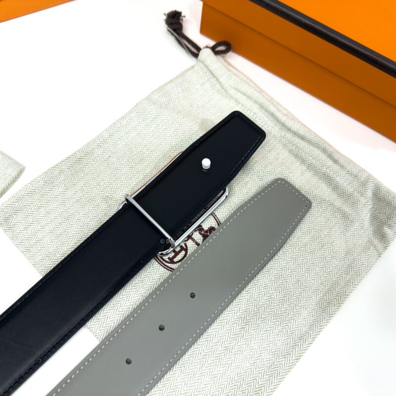 Hermes Tube H Buckle Light Grey/Black Reversible Belt