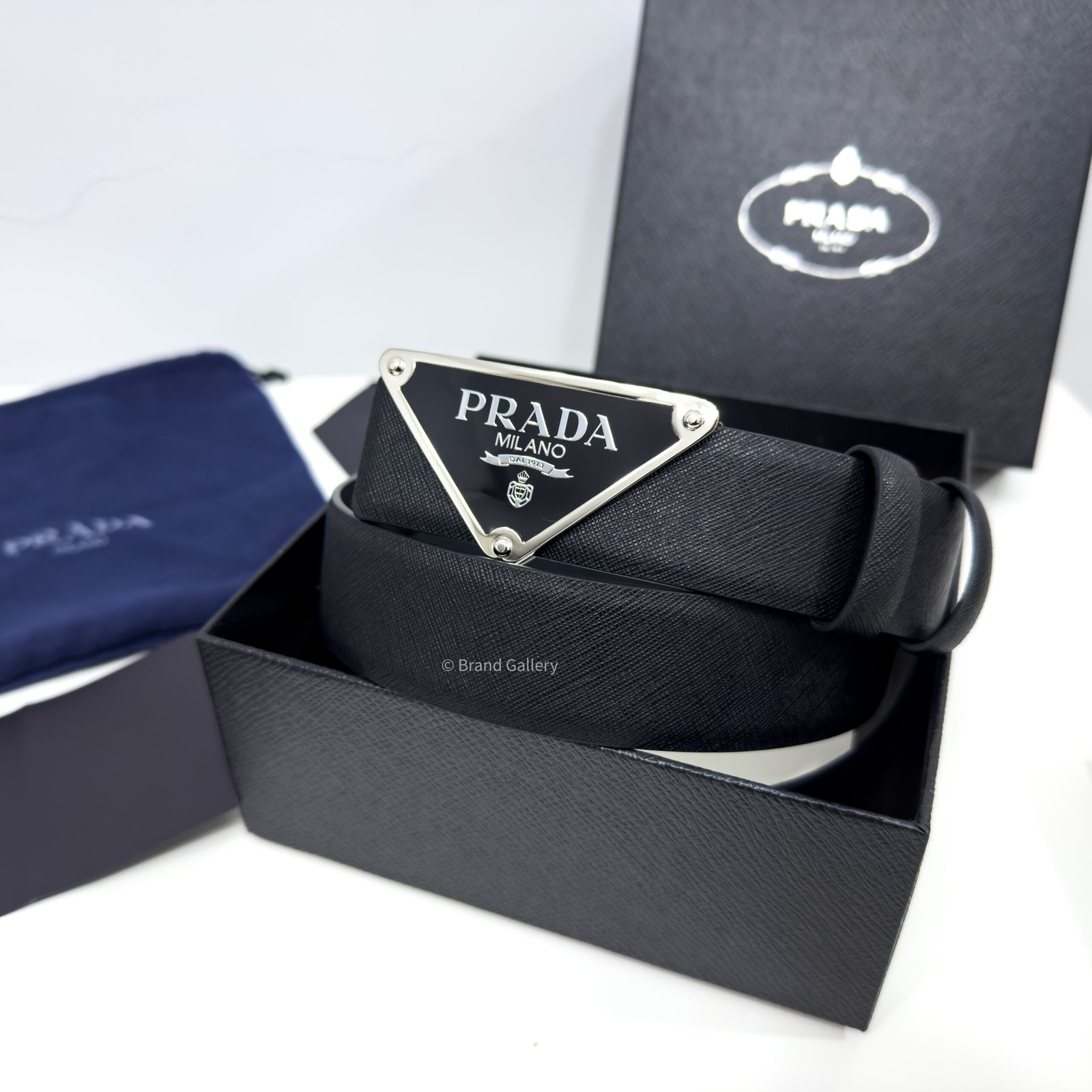 Prada Enameled-metal Buckle Black 35mm Saffiano Belt