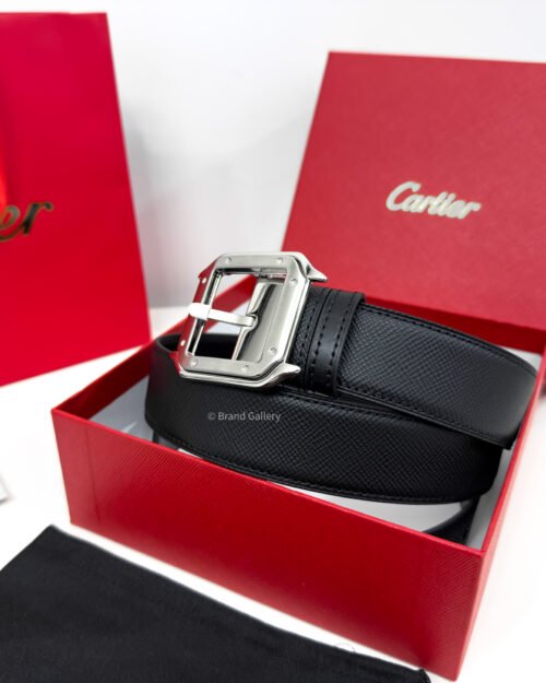 Cartier Silver Santos Buckle Black 35mm Leather Belt