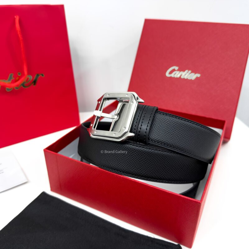 Cartier Silver Santos Buckle Black 35mm Leather Belt