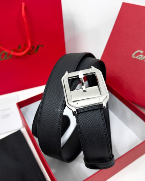 Cartier Silver Santos Buckle Black 35mm Leather Belt