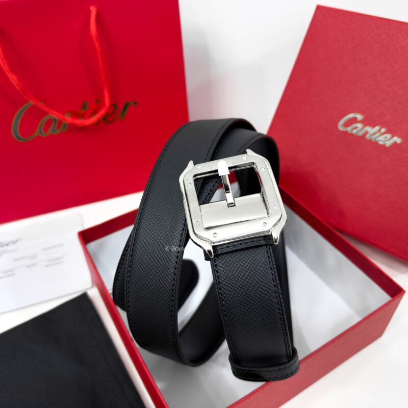 Cartier Silver Santos Buckle Black 35mm Leather Belt