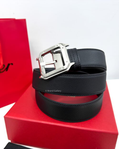 Cartier Silver Santos Buckle Black 35mm Leather Belt