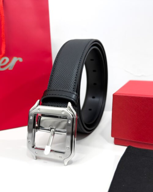 Cartier Silver Santos Buckle Black 35mm Leather Belt