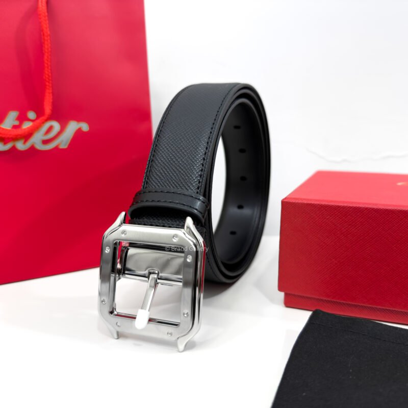 Cartier Silver Santos Buckle Black 35mm Leather Belt