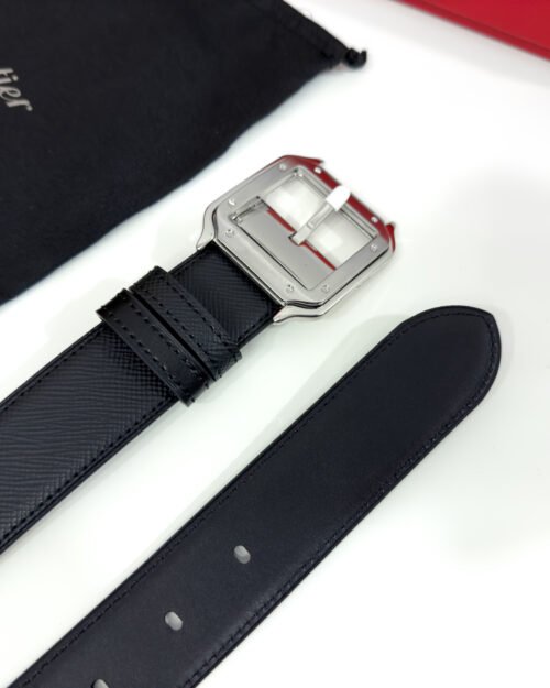 Cartier Silver Santos Buckle Black 35mm Leather Belt