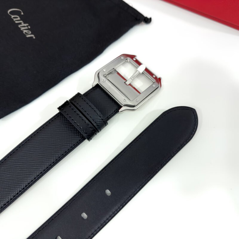 Cartier Silver Santos Buckle Black 35mm Leather Belt