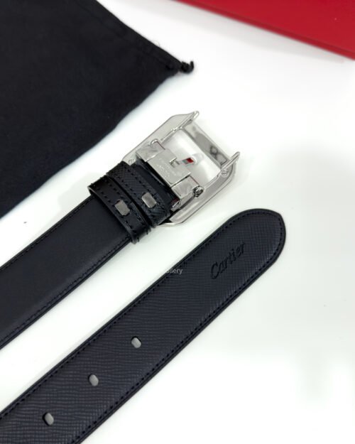 Cartier Silver Santos Buckle Black 35mm Leather Belt