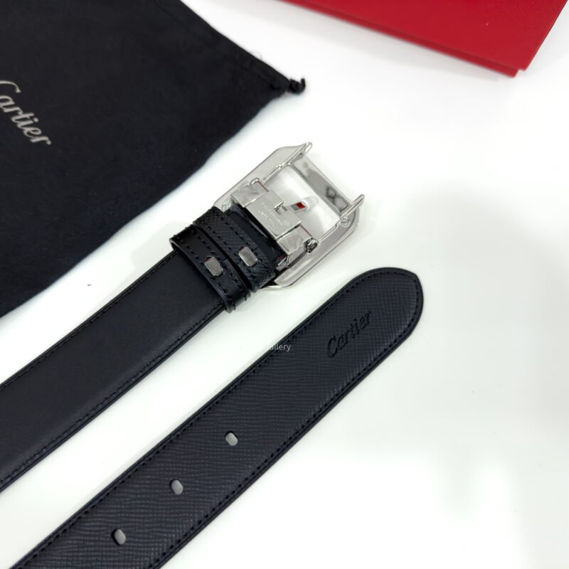Cartier Silver Santos Buckle Black 35mm Leather Belt