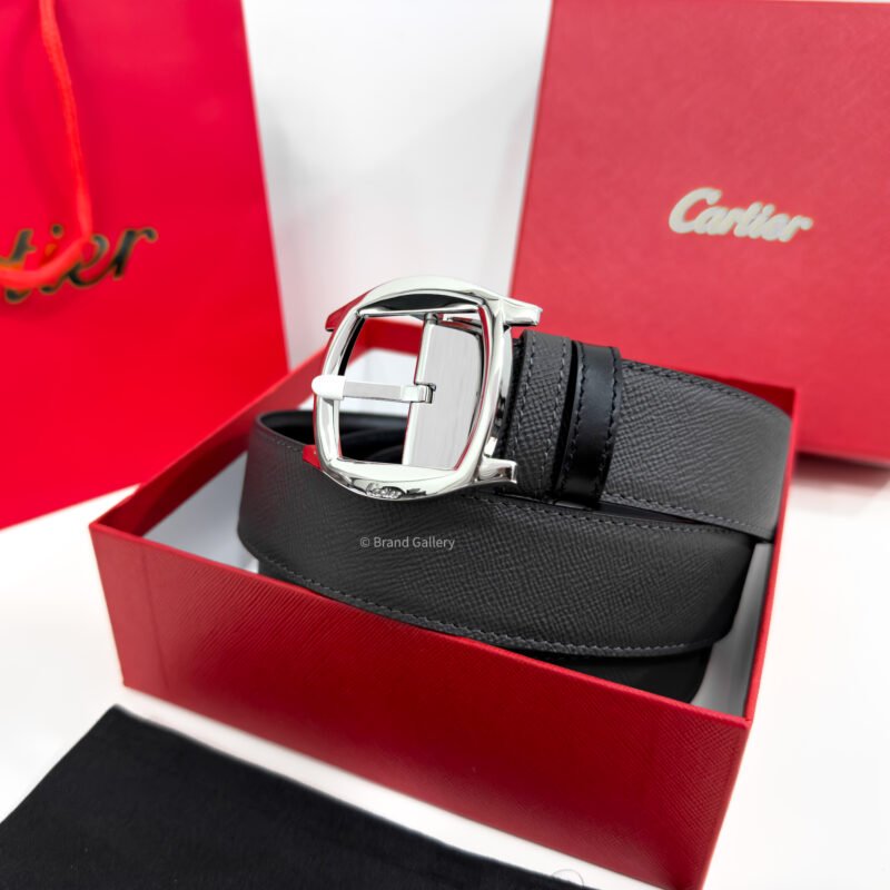 Cartier Silver Dive Buckle Grey/Black 35mm Leather Belt